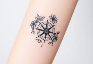 Compass with cursive letters with dot work flowers flowing above and below the compass tattoo idea