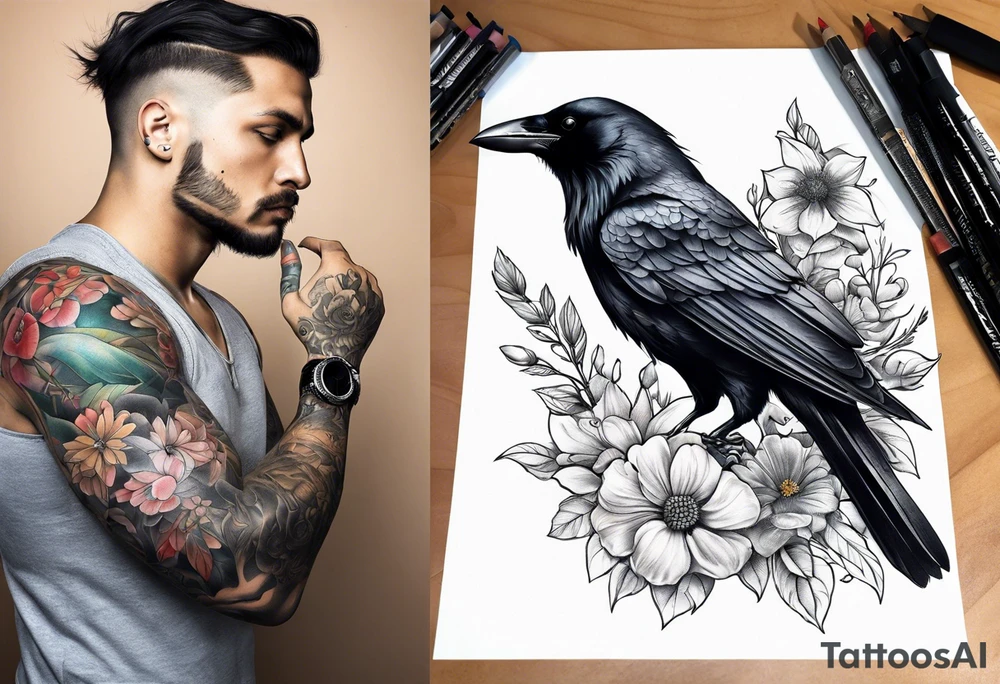 crow and flowers half sleeve tattoo idea