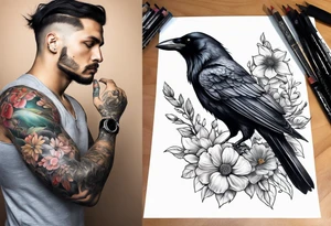 crow and flowers half sleeve tattoo idea