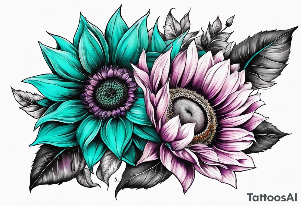 Teal, pink and purple sunflower sleeve tattoo idea