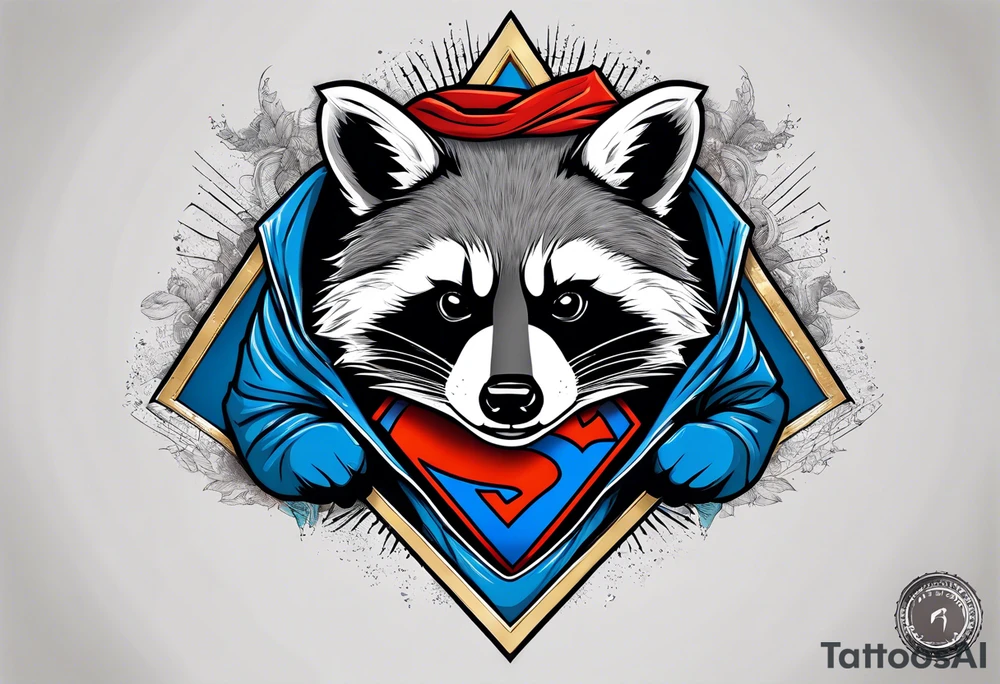 raccoon wearing a Superman hoodie tattoo idea