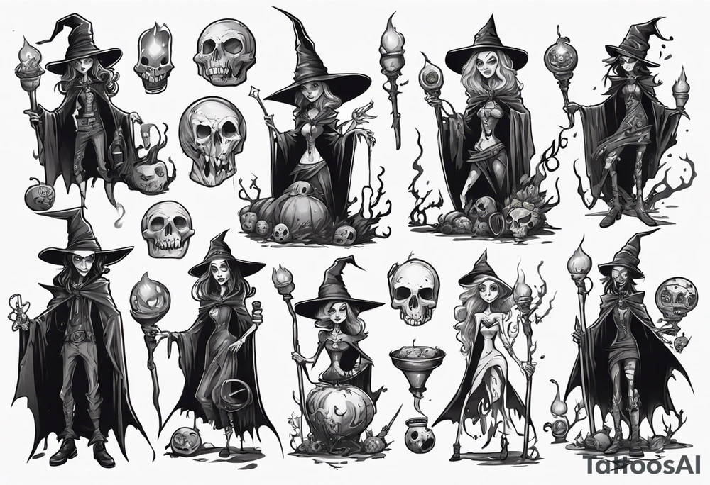 a Tim Burton-style witch necromancer rpg tattoo idea