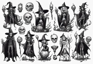 a Tim Burton-style witch necromancer rpg tattoo idea
