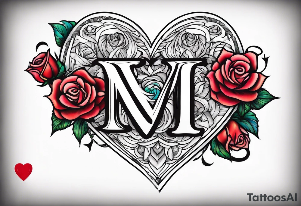 Letter M heart roses tattoo idea