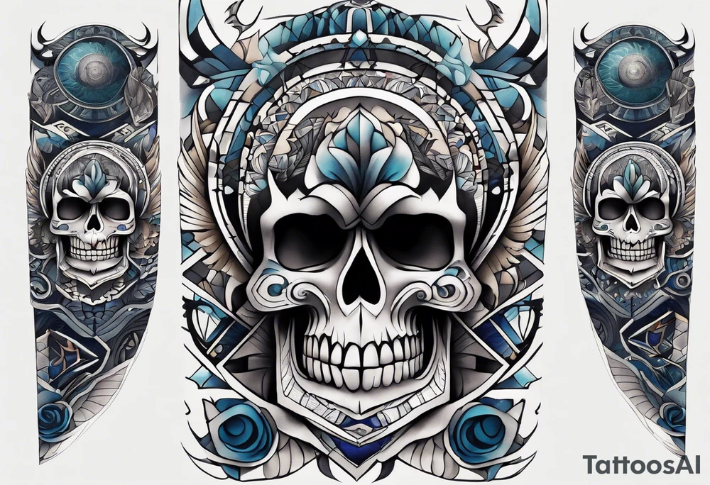 semi Detailed neo traditional knee tattoo flat on paper. The tattoo features geometric patterns and bold lines, creating a visually striking design with slight tints of deep fall colors. outside the tattoo features deep blues washes and water swirls tattoo idea