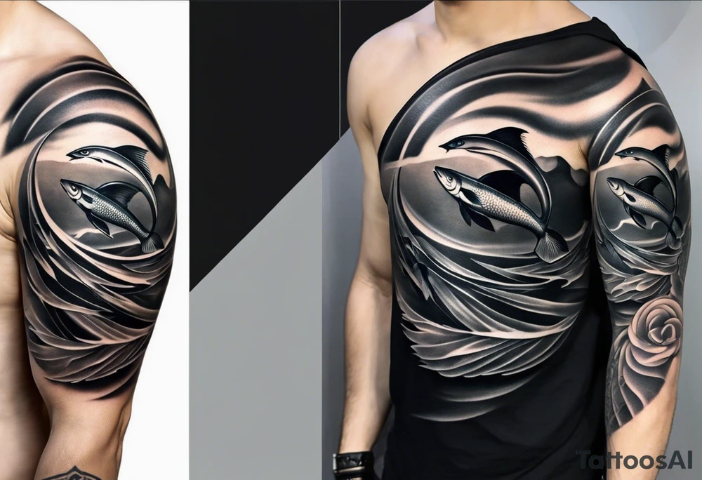 Design a half-sleeve tattoo in a smooth, shaded style with black and grey tones. The central focus is two fish swimming in a circular motion, like a yin-yang, gracefully moving in a loop. The fish should have flowing tails and fins, with soft shading that gives a sense of motion and balance.

Surround the fish with a bed, where a man is lying down but his feet stick out, symbolizing discomfort or not fitting in. The bed should blend subtly into the background, using minimal lines, to avoid distracting from the fish. The sheets or bed frame should flow into the circular motion created by the fish.

Add an astronaut floating nearby, connected to the bed scene. The astronaut should appear weightless, as if drifting in space, with their posture relaxed and slightly tilted, fitting within the circular flow of the fish. Clouds should form softly around the astronaut and the bed, blending into the scene to create a dreamy, ethereal background.

From one side of the circular fish motion, flames should emerge, adding dynamic energy to the design. The flames should be subtle but lively, with light shading, balancing the softness of the clouds with some intensity.

Finally, include the text "MMIX" in bold, sketchy font either below or beside the main design. The text should be clear but in harmony with the hand-drawn style of the fish and flames. tattoo idea