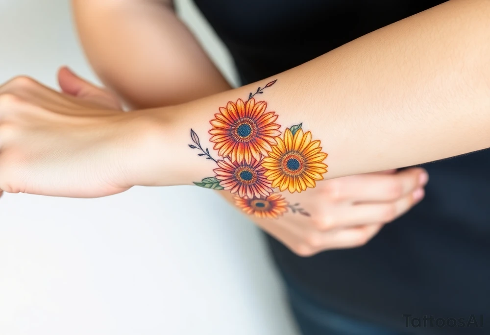 Gerber daisys wrap around wrist to cross on forearm with rich color tattoo idea