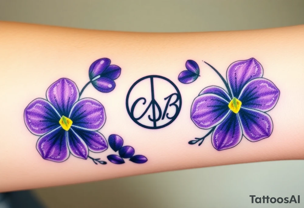 Violets, peace symbol, Pisces symbol, dog prints, amethyst, initials csb in cursive font tattoo idea