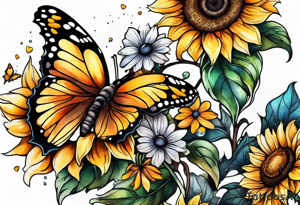 Arm sleeve with sunflowers and butterflies tattoo idea