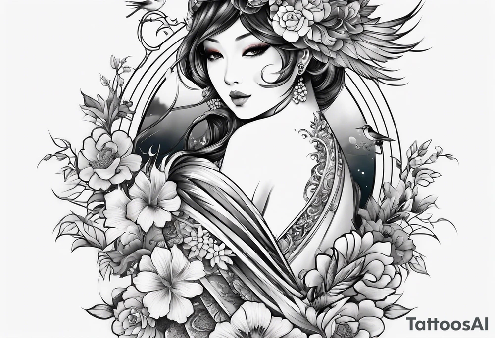 traditional style
full leg sleeve with a bird and flowers tattoo idea