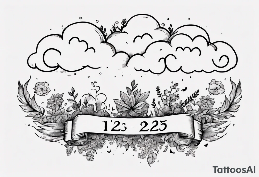 a forearm tattoo with a cloud with little plants and underneath it the date 12.08.05 tattoo idea