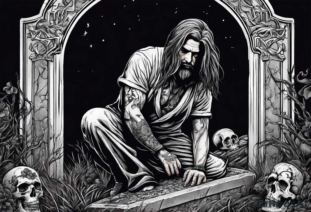 Man crawling out of grave. 
MIW Reincarnate written on gravestone tattoo idea