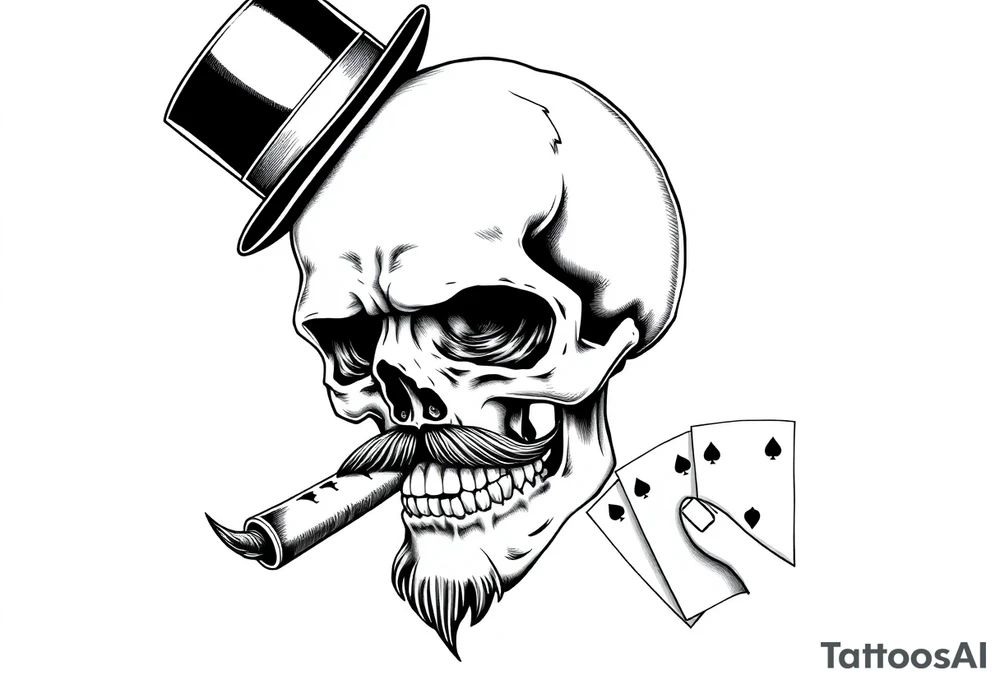 a skull with mustache, a big cigar in his mouth,top-hat on his head and playing cards in a hand. tattoo idea