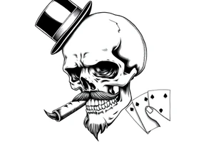a skull with mustache, a big cigar in his mouth,top-hat on his head and playing cards in a hand. tattoo idea