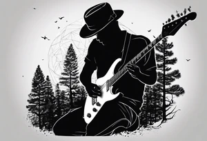silhouette of a man playing electric guitar while sitting in a pine tree. tattoo idea