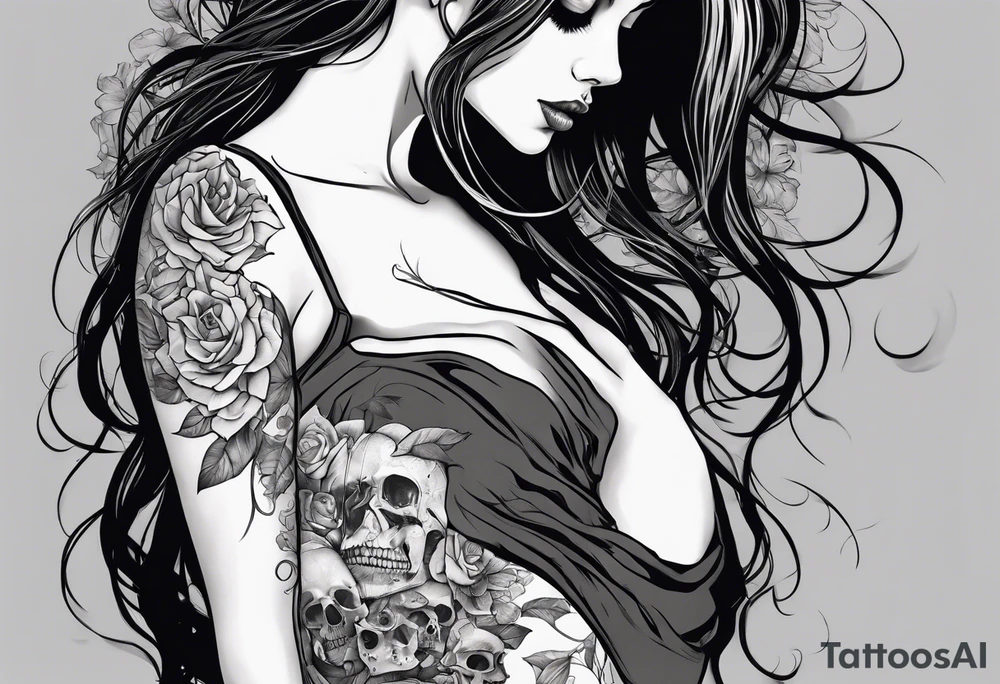 Girl taking shirt off but her stomach is a skeleton tattoo idea