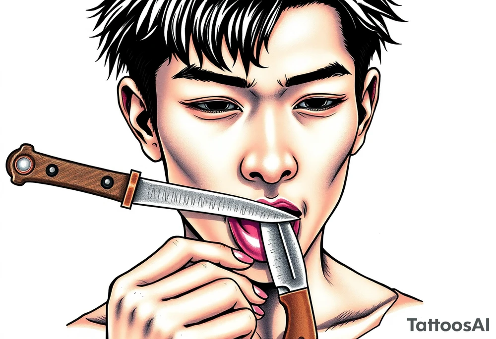 Handsome Asian young guy is licking a ritual knife tattoo idea
