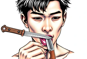 Handsome Asian young guy is licking a ritual knife tattoo idea