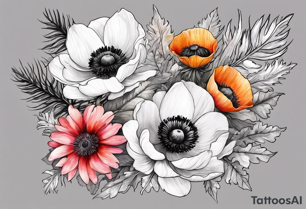 a white anemone with black center with thistles, ferns, sun flowers, red flowers, pink flowers, orange flowers, yellow flowers in watercolor tattoo idea