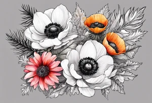 a white anemone with black center with thistles, ferns, sun flowers, red flowers, pink flowers, orange flowers, yellow flowers in watercolor tattoo idea