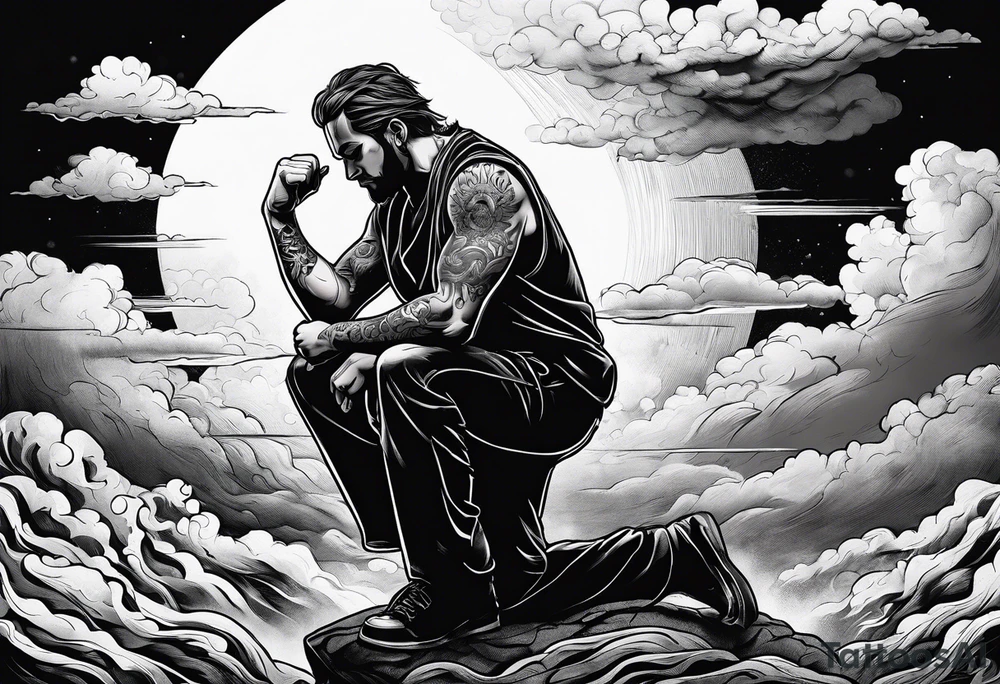 Men kneeling like he went through s bad time and a cloud looking like a debil behind him tattoo idea