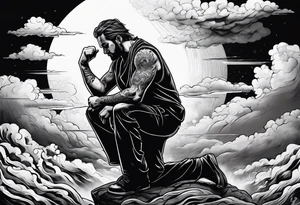 Men kneeling like he went through s bad time and a cloud looking like a debil behind him tattoo idea