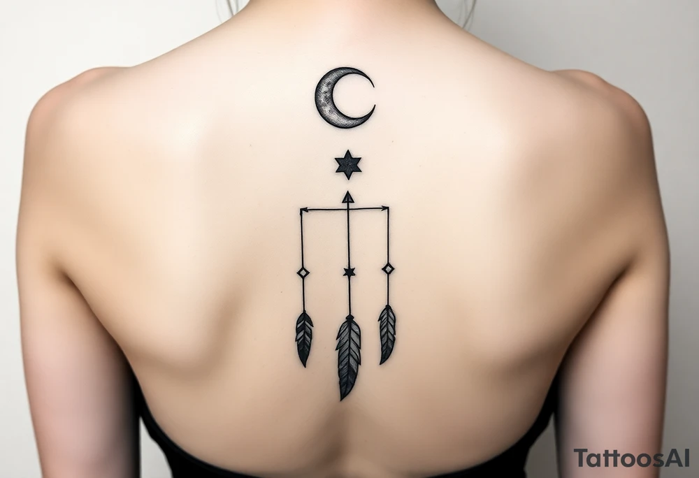 Narrow vertical memorial chain of symbols made of a moon, stars symbolizing loss, a brother and sister bond, and strength in a native script style following down the spine in with 3 vertical different lengths flowing lines made of a discreet connection of morse code ".--- .- --.     .-.. ... -.- .- .-.   -.. .. --.     .-.. .. .-.. .-.. . -... .-. --- .-. forming 3 arrow shapes connected to 3 flowing feathers hanging from the end of the morse code lines tattoo idea