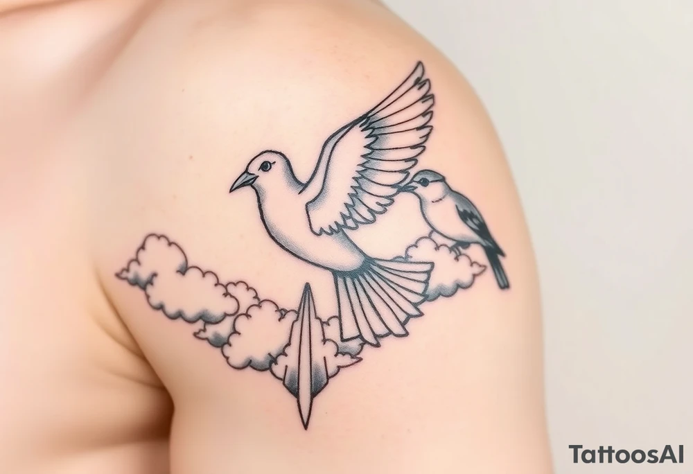 Dove and a blue jay, clouds, shining light to or from heaven tattoo idea