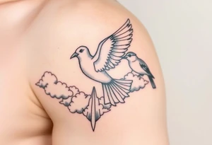 Dove and a blue jay, clouds, shining light to or from heaven tattoo idea