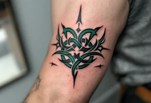 The words "never give up" woven into a celtic knot, shaded in forest green and charcoal black. tattoo idea