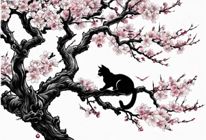 elongated cherry blossom branch meeting with a dying pine tree with hidden cute demon cat tattoo idea