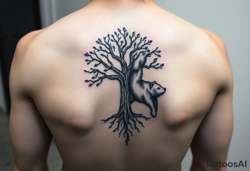 Tree of life with root detail and a realistic mother bear with her cub tattoo idea