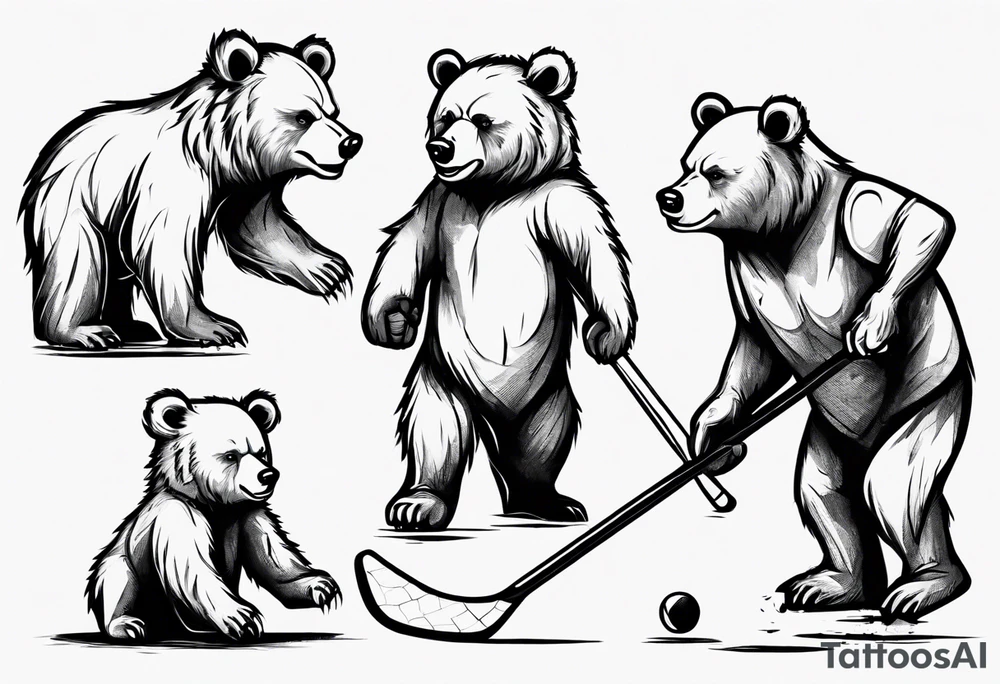 Baby bear playing hockey in front of papa bear and mama bear tattoo idea