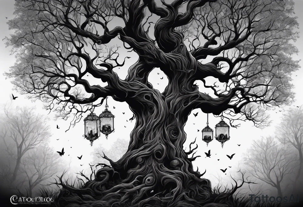 Creepy tree with skulls at the base and names in the branches tattoo idea