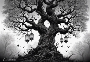 Creepy tree with skulls at the base and names in the branches tattoo idea