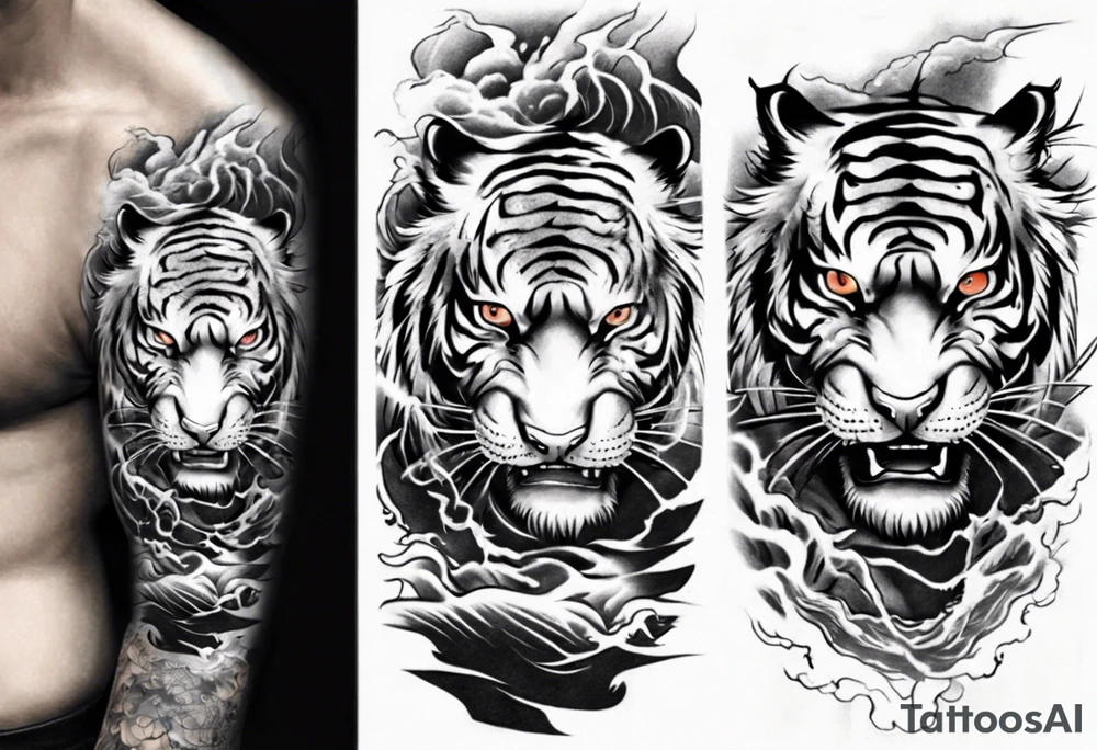 Tiger Warrior sleeve tattoo with lightning and the sun
Forearm sleeve tattoo idea