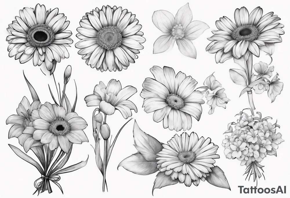 a fine line, dainty bouquet of a gerbera daisy, an iris, blue bells, and forget me nots, tied together with a small bow. not super shaded and detailed tattoo idea