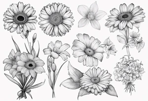 a fine line, dainty bouquet of a gerbera daisy, an iris, blue bells, and forget me nots, tied together with a small bow. not super shaded and detailed tattoo idea