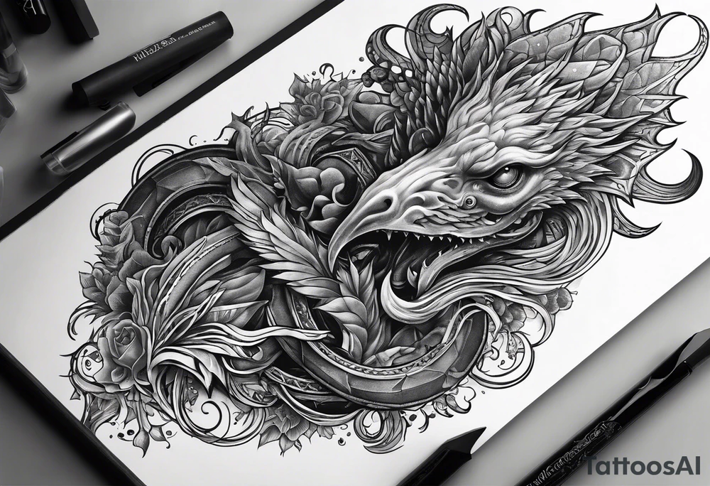 Vertical full sleeve. Lovecraftian creature, protecting a token of love. tattoo idea