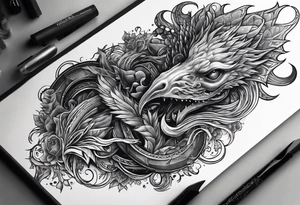 Vertical full sleeve. Lovecraftian creature, protecting a token of love. tattoo idea
