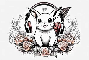 pickachu sitting on a lion listening to music tattoo idea