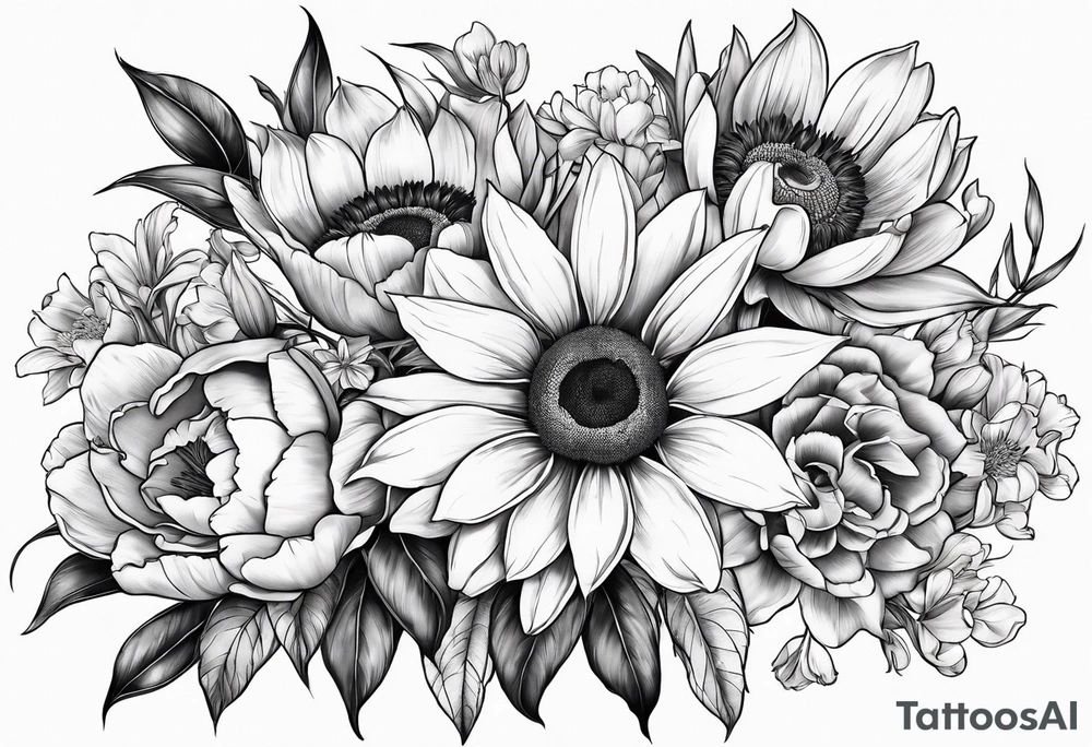 Bouquet with sunflower, lily, peony, cherry blossom and tulip tattoo idea