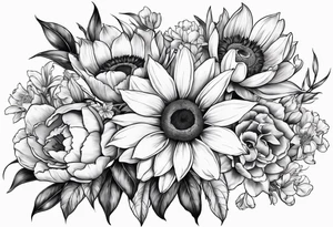 Bouquet with sunflower, lily, peony, cherry blossom and tulip tattoo idea
