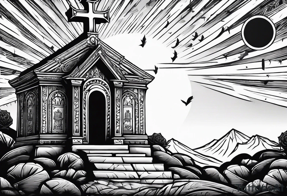 Tomb with cross and sun in the background tattoo idea