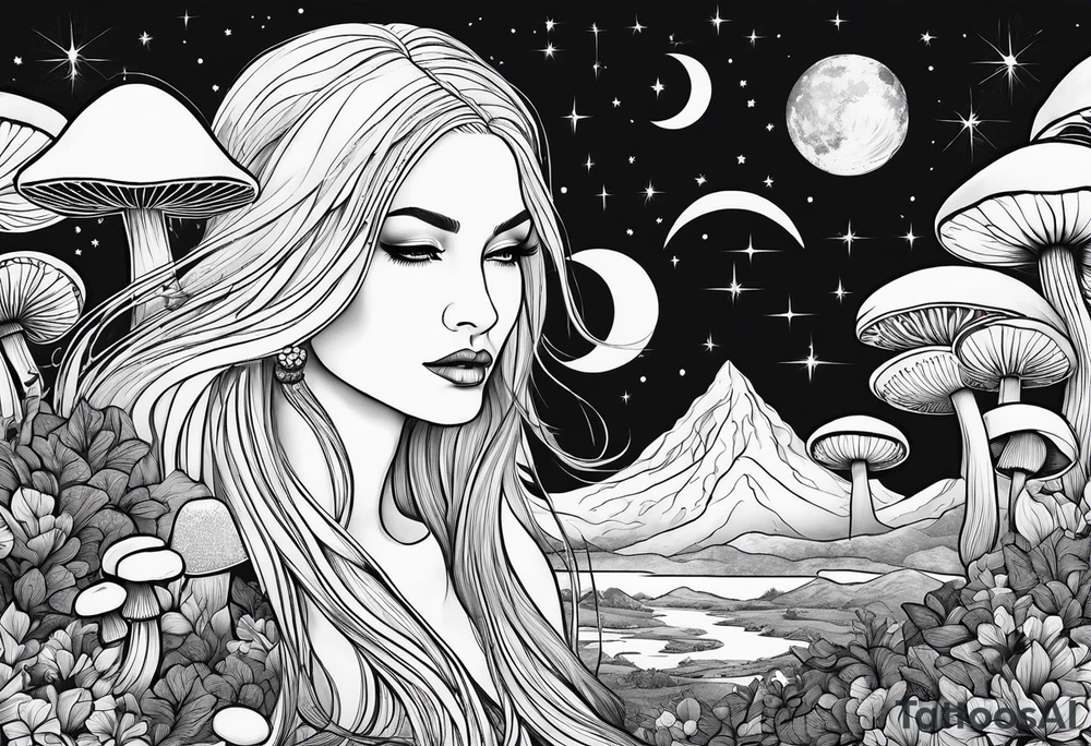 Blonde long straight hair older woman surrounded by mushrooms facing mountains crescent moon background tattoo idea