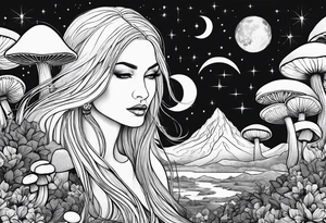 Blonde long straight hair older woman surrounded by mushrooms facing mountains crescent moon background tattoo idea