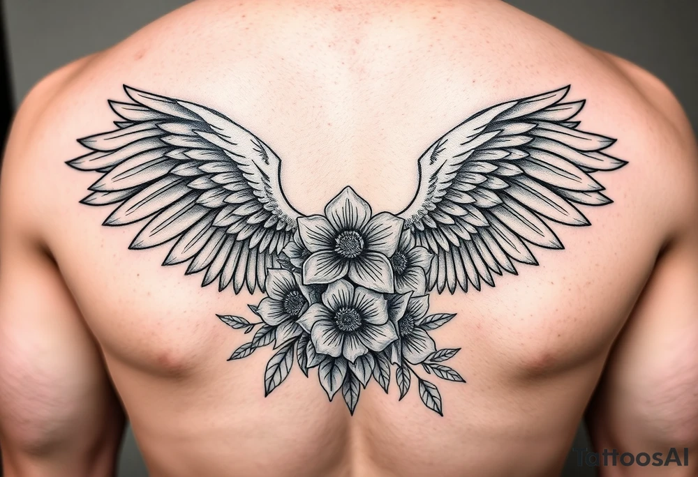 In memory of daddy angel wings and flowers tattoo idea