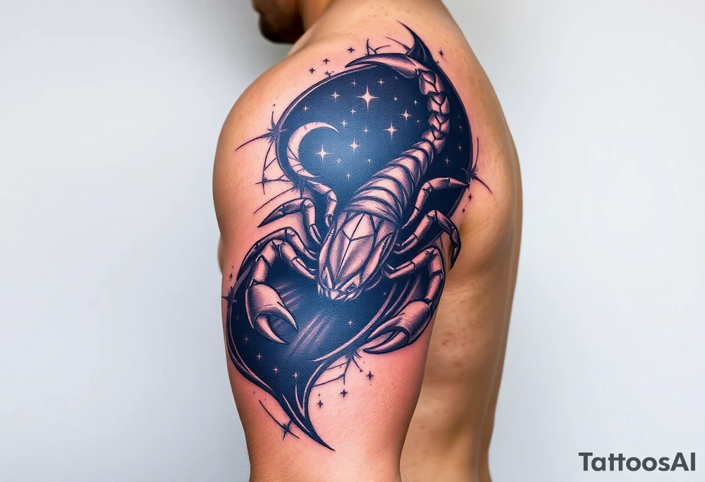 fierce scorpio emerging through the sky at night with dark skies with stars tattoo idea