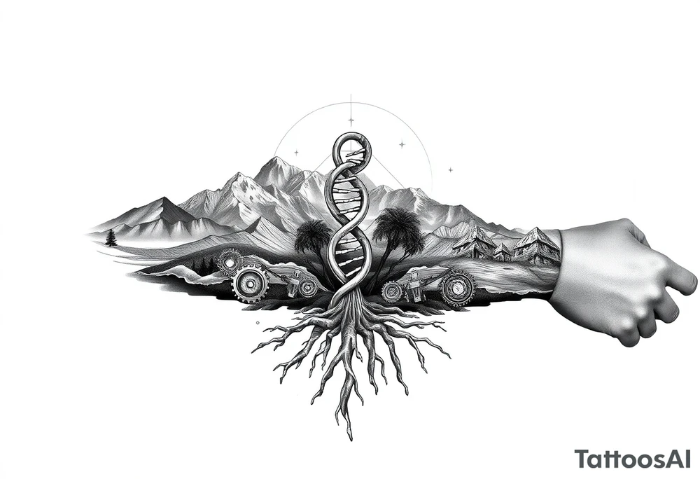 Full sleeve tattoo design for a left arm, vertical composition. A surreal blend of Southern California landscapes including desert dunes, snow-capped mountains, and ocean waves. The landscapes are integrated into a 3D geometric and biomechanical framework with gears, droid-like metallic components, and Matrix-style digital rain. In the center, a double helix DNA strand transitions into tree roots. Style: Alex Grey visionary art meets TOOL aesthetic. High contrast black and grey with subtle glowing amber highlights. Hyper-realistic, 8k, white background tattoo idea