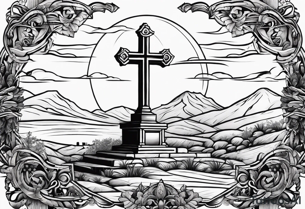 Tomb with cross and sun in the background tattoo idea